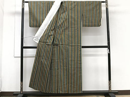 平和屋着物▽上質な紬 単衣 縞 正絹 逸品 CAAW1223xi