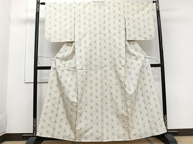 平和屋着物▽上質な紬 単衣 麻の葉文様 正絹 逸品 CAAW1227xi