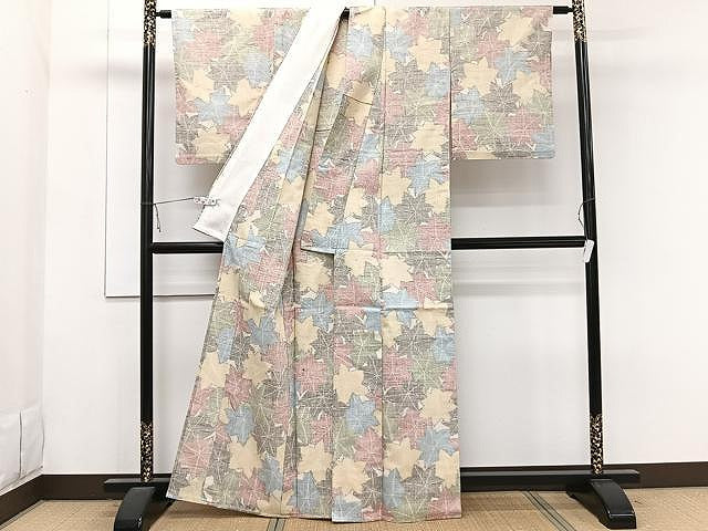 平和屋着物▽上質な紬 単衣 楓文 正絹 逸品 CAAW1231xi