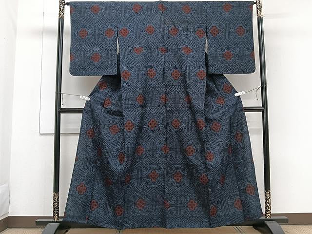 平和屋着物▽結城紬 単衣 結城縮 亀甲花文 正絹 逸品 CAAW1232xi