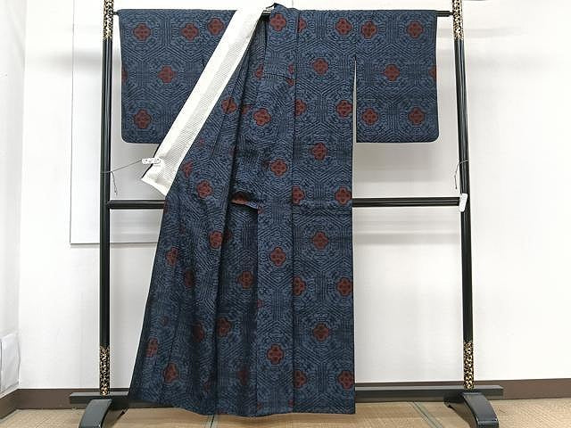 平和屋着物▽結城紬 単衣 結城縮 亀甲花文 正絹 逸品 CAAW1232xi