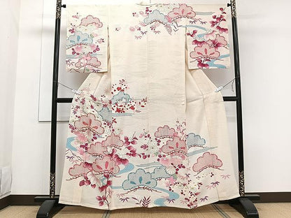 平和屋着物▽訪問着 単衣 駒刺繍 流水草花文 金彩 正絹 逸品 CAAW1234xi