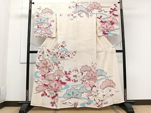 平和屋着物▽訪問着 単衣 駒刺繍 流水草花文 金彩 正絹 逸品 CAAW1234xi