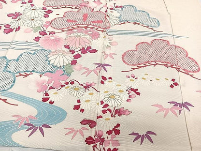 平和屋着物▽訪問着 単衣 駒刺繍 流水草花文 金彩 正絹 逸品 CAAW1234xi