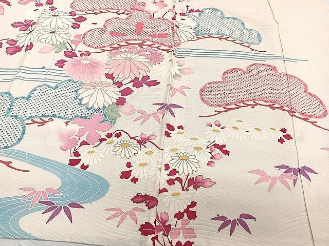 平和屋着物▽訪問着 単衣 駒刺繍 流水草花文 金彩 正絹 逸品 CAAW1234xi