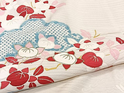 平和屋着物▽訪問着 単衣 駒刺繍 流水草花文 金彩 正絹 逸品 CAAW1234xi