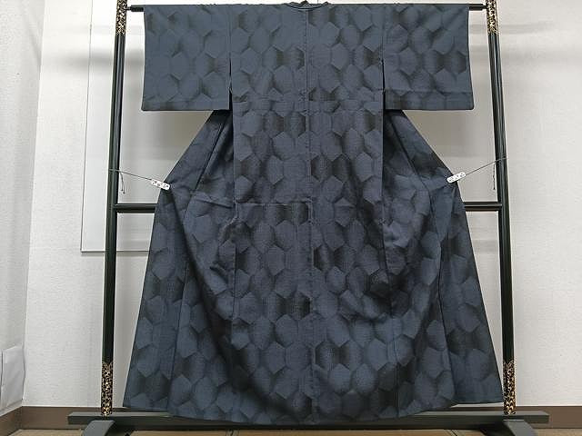 平和屋着物▽本塩沢 単衣 110亀甲 亀甲文 正絹 逸品 CAAW1244xi