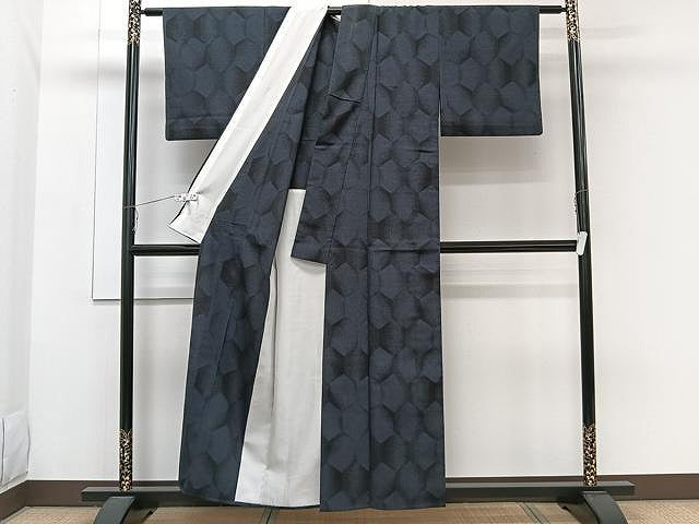 平和屋着物▽本塩沢 単衣 110亀甲 亀甲文 正絹 逸品 CAAW1244xi