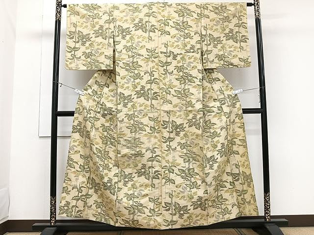 平和屋着物▽上質な紬 単衣 枝葉文 正絹 逸品 CAAW1245xi
