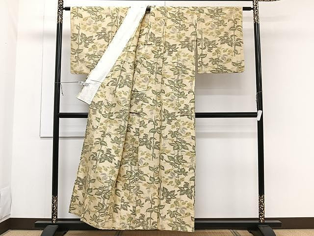 平和屋着物▽上質な紬 単衣 枝葉文 正絹 逸品 CAAW1245xi