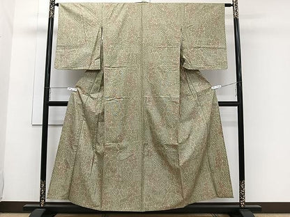 平和屋着物▽上質な紬　単衣　草花文　正絹　逸品　CAAW1246xi