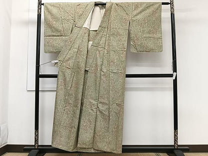 平和屋着物▽上質な紬　単衣　草花文　正絹　逸品　CAAW1246xi