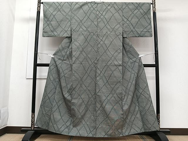 平和屋着物▽上質な紬 単衣 網目文 正絹 逸品 CAAW1258xi