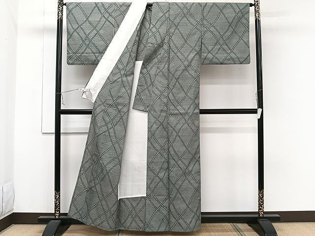 平和屋着物▽上質な紬 単衣 網目文 正絹 逸品 CAAW1258xi