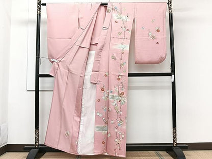 平和屋着物▽訪問着 単衣 駒刺繍 枝花文 金彩 正絹 逸品 CAAW1259xi