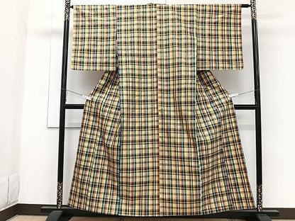 平和屋着物▽上質な紬 単衣 花織 格子柄 正絹 逸品 CAAW1332xi
