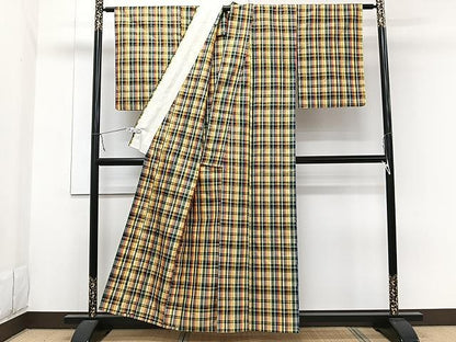 平和屋着物▽上質な紬 単衣 花織 格子柄 正絹 逸品 CAAW1332xi
