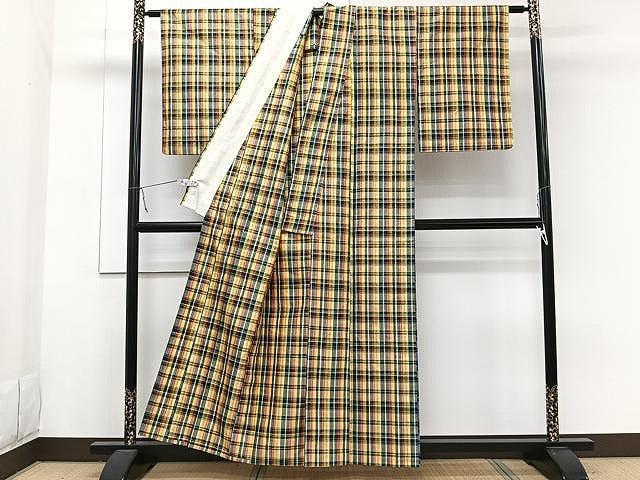 平和屋着物▽上質な紬 単衣 花織 格子柄 正絹 逸品 CAAW1332xi