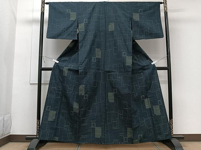 平和屋着物▽結城紬 単衣 80亀甲 幾何学文 正絹 逸品 CAAW1333xi