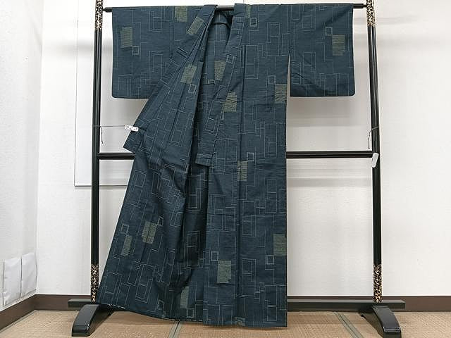 平和屋着物▽結城紬 単衣 80亀甲 幾何学文 正絹 逸品 CAAW1333xi
