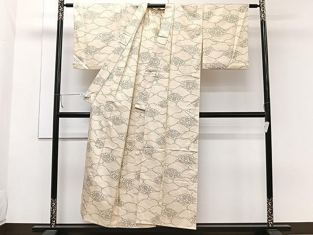平和屋着物▽上質な紬 単衣 花唐草文 正絹 逸品 CAAW1335xi