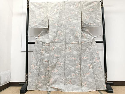 平和屋着物▽上質な紬 単衣 流水草花文 正絹 逸品 CAAW1336xi