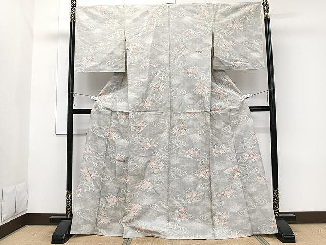 平和屋着物▽上質な紬 単衣 流水草花文 正絹 逸品 CAAW1336xi