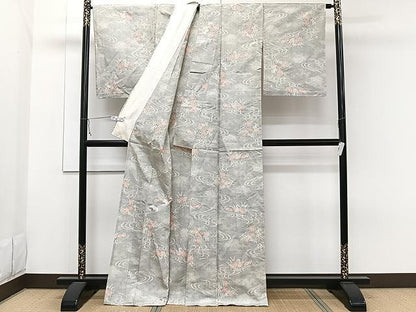 平和屋着物▽上質な紬 単衣 流水草花文 正絹 逸品 CAAW1336xi
