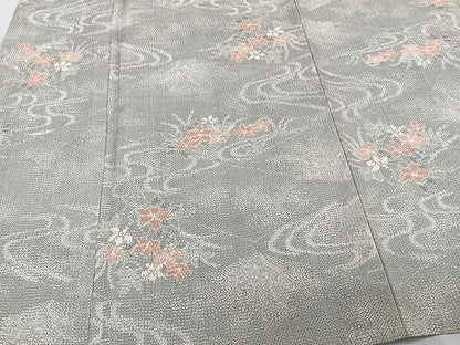 平和屋着物▽上質な紬 単衣 流水草花文 正絹 逸品 CAAW1336xi