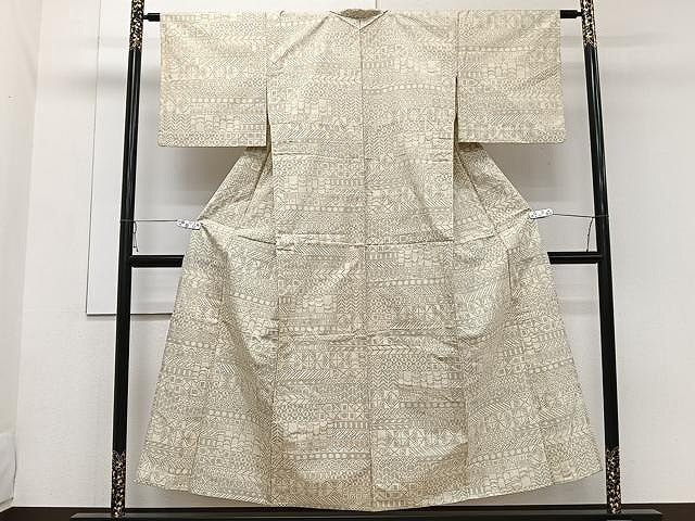 平和屋着物▽上質な紬 単衣 吉祥横段文 正絹 逸品 CAAW1337xi