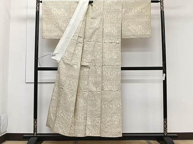 平和屋着物▽上質な紬 単衣 吉祥横段文 正絹 逸品 CAAW1337xi