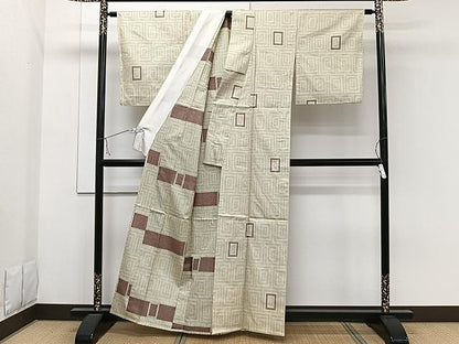 平和屋着物▽上質な紬 単衣 幾何学文 正絹 逸品 CAAW1339xi