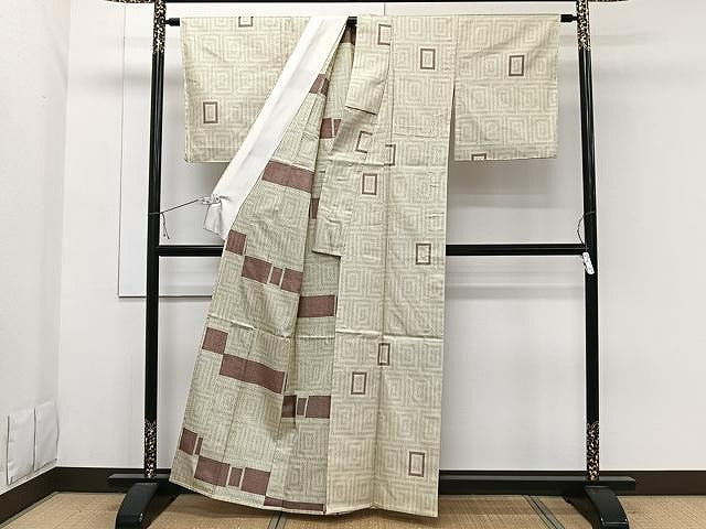 平和屋着物▽上質な紬 単衣 幾何学文 正絹 逸品 CAAW1339xi