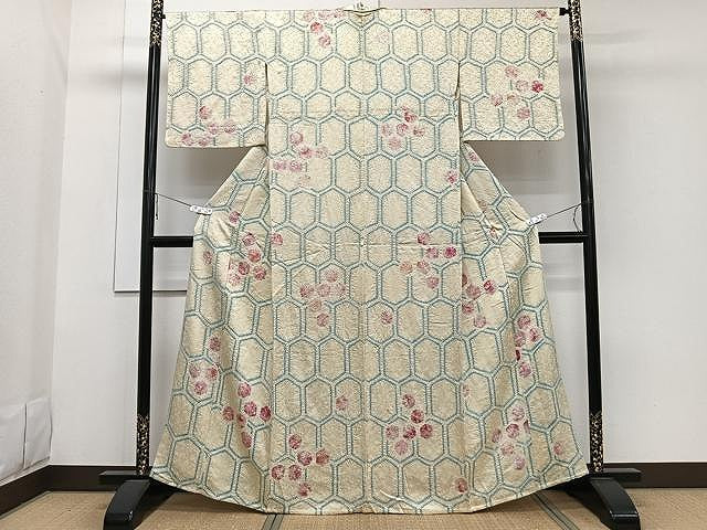 平和屋着物▽上質な小紋　単衣　絞り　亀甲丸文　正絹　逸品　CAAW1340xi