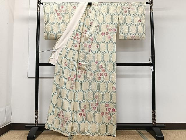 平和屋着物▽上質な小紋　単衣　絞り　亀甲丸文　正絹　逸品　CAAW1340xi