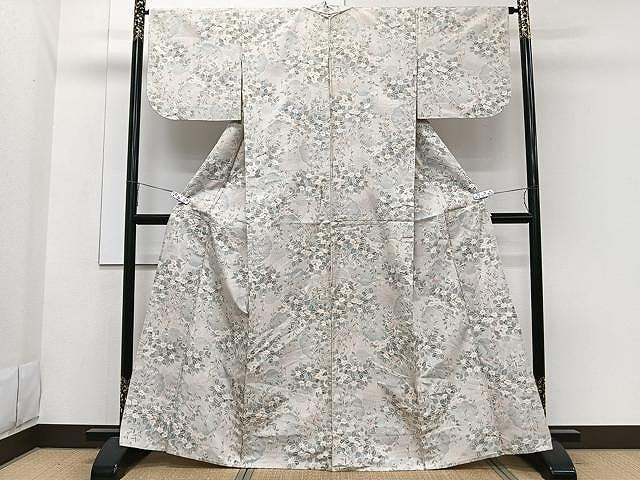 平和屋着物▽上質な紬 単衣 草花文 正絹 逸品 CAAW1342xi