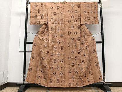 平和屋着物▽国指定重要無形文化財　本場久米島紬　手織　単衣　幾何学文　正絹　逸品　CAAW1351xi