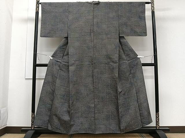 平和屋着物▽上質な紬 単衣 幾何学文 正絹 逸品 CAAW1358xi
