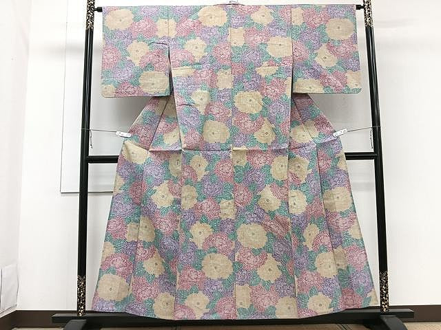 平和屋着物▽上質な紬 単衣 牡丹尽くし 正絹 逸品 CAAW1359xi