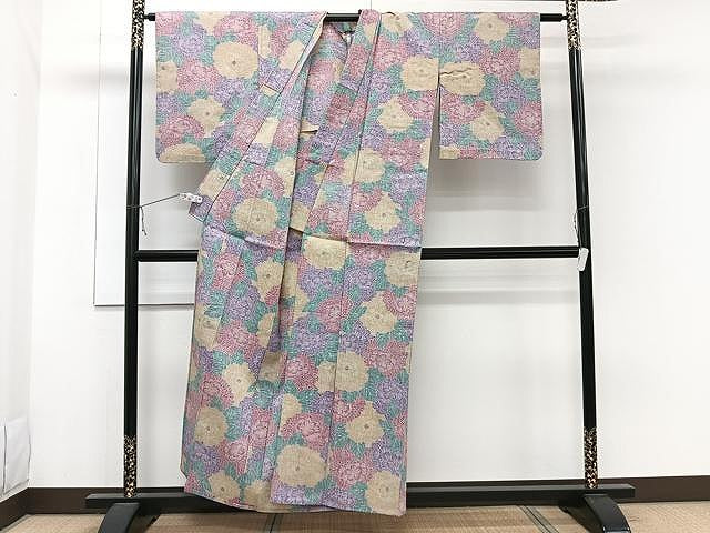 平和屋着物▽上質な紬 単衣 牡丹尽くし 正絹 逸品 CAAW1359xi