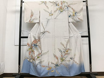 平和屋着物▽セミアンティーク　大正ロマン　訪問着　単衣　草花文　暈し染め　金彩　正絹　逸品　CAAW1362xi