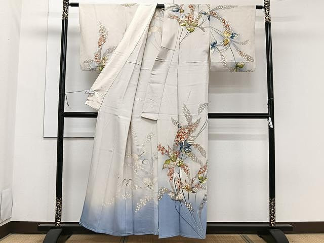 平和屋着物▽セミアンティーク　大正ロマン　訪問着　単衣　草花文　暈し染め　金彩　正絹　逸品　CAAW1362xi