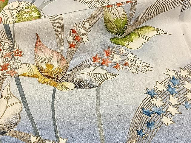 平和屋着物▽セミアンティーク　大正ロマン　訪問着　単衣　草花文　暈し染め　金彩　正絹　逸品　CAAW1362xi