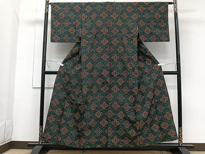 平和屋着物▽上質な紬　単衣　亀甲花文　正絹　逸品　CAAW1364xi