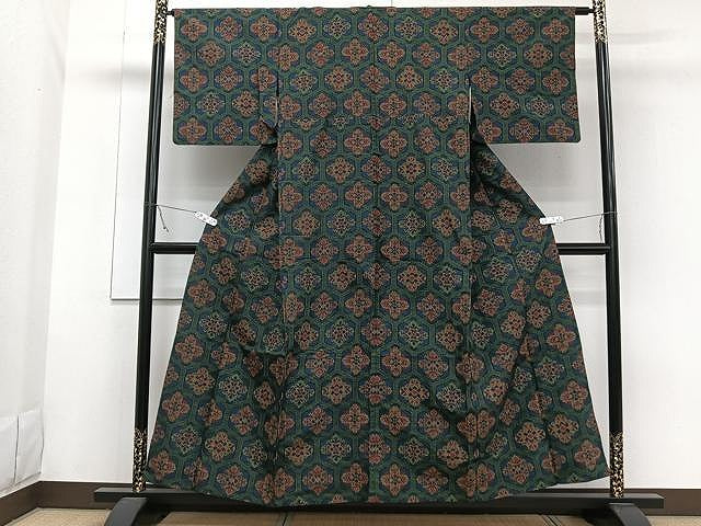 平和屋着物▽上質な紬　単衣　亀甲花文　正絹　逸品　CAAW1364xi