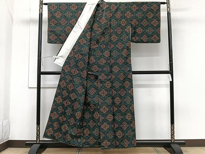 平和屋着物▽上質な紬　単衣　亀甲花文　正絹　逸品　CAAW1364xi