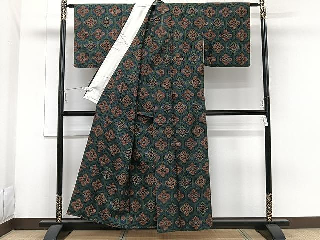 平和屋着物▽上質な紬　単衣　亀甲花文　正絹　逸品　CAAW1364xi