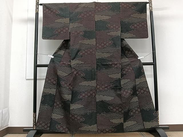 平和屋着物▽上質な紬 単衣 雲取り吉祥文 正絹 逸品 CAAW1378xi