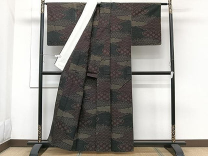 平和屋着物▽上質な紬 単衣 雲取り吉祥文 正絹 逸品 CAAW1378xi