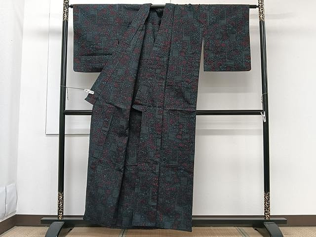 平和屋着物▽上質な紬 単衣 草花文 正絹 逸品 CAAW1379xi